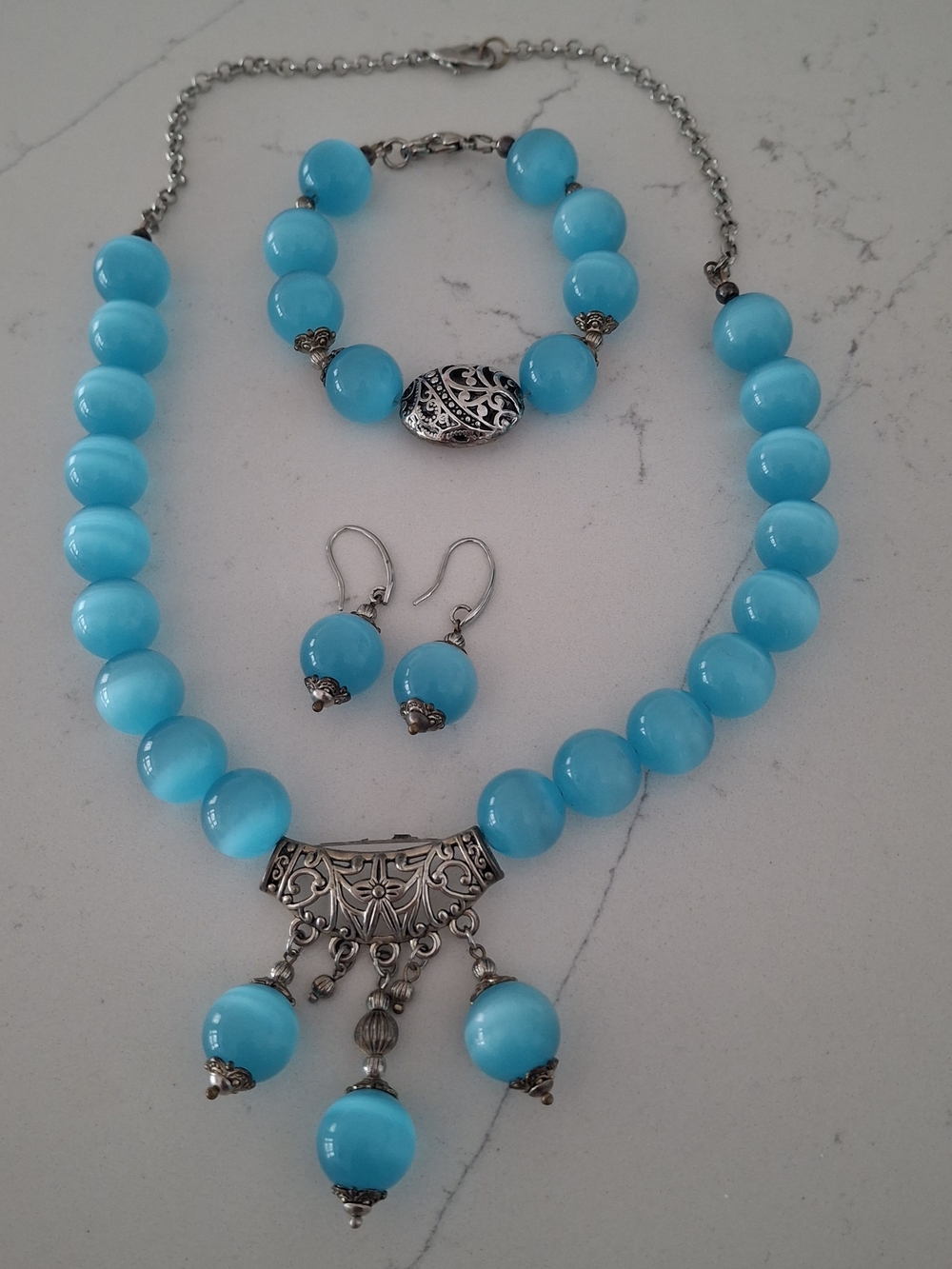 3-Pc Handcrafted Blue Cat's Eye Quartz Necklace Bracelet Earrings Set - EUC